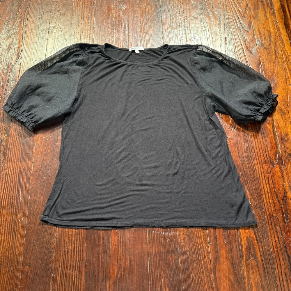 DR2 Top Womens Large Black Sheer Puff Sleeve Rayon Stretch Goth Whimsy 90s